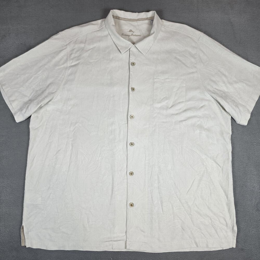 Tommy Bahama 100% Silk Camp Shirt Mens 3XLT Tall Beige Hawaiian Casual